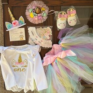 Baby girl unicorn 1st birthday outfit & supplies